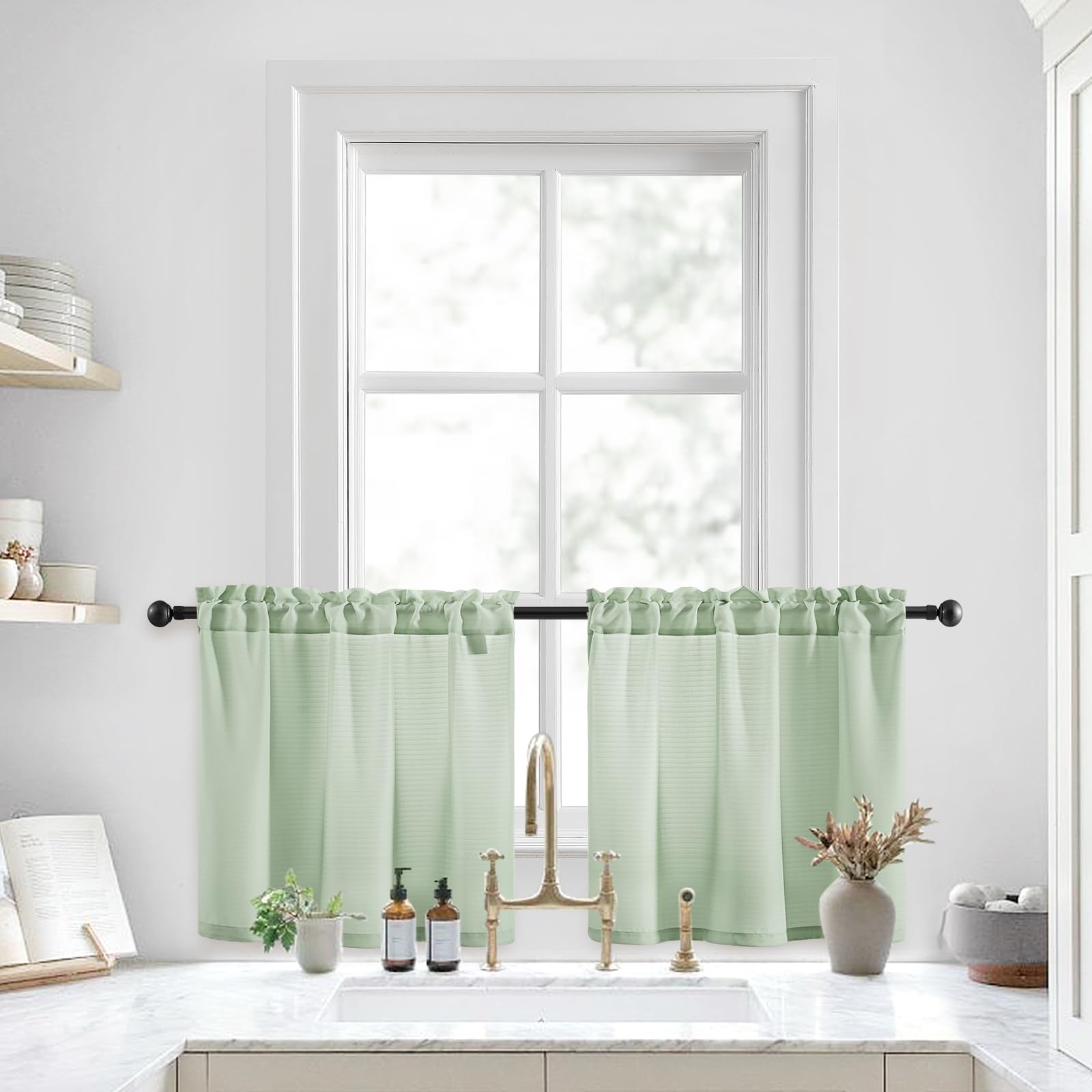 HOMEIDEAS Sage Green Kitchen Curtains 30 X 24 Inches 2 Panels Set Non-See-Through Privacy Semi Sheer Short Window Curtains Fish